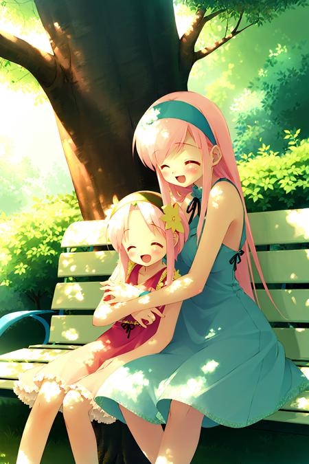 ((masterpiece, high quality, best quality)),
multiple girls, 2girls, bench, pink hair, closed eyes, long hair, short hair, brown hair, tree, hairband, hug, day, dress, dappled sunlight, sunlight, blush, outdoors, happy, sitting, smile, blonde hair, 
<lora:gayaro-style_v1.0:0.8>