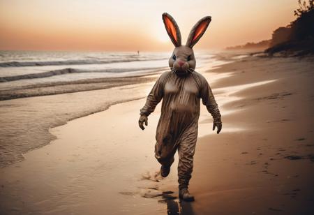 Artistic Lifestyle photography. A man in a dirty full body bunny costume walks along the beach at sunset.