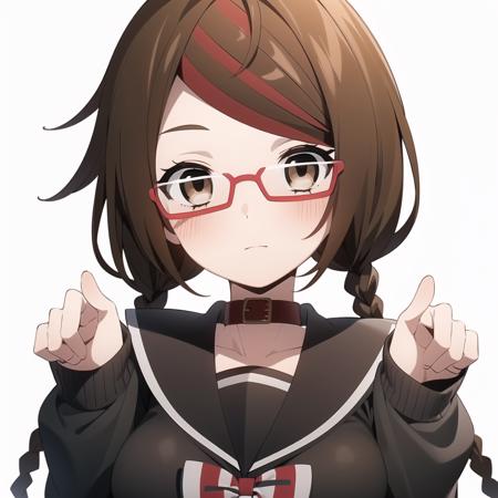 1girl, solo, braid, brown hair, glasses, collar, school uniform,brown eyes,twintails,striped bow,multicolored hair, upper body <lora:MisakiSakimiya:0.6>, expressionless