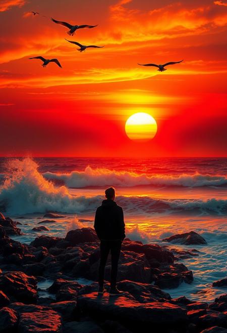 A breathtaking coastal scene unfolds: a rugged shoreline meets the dramatic sunset, where waves fiercely crash against the rocky shore. The sky is set aflame with vibrant hues of orange and red as the sun teeters above the water's edge, refracting through misty tendrils to create a mesmerizing display of color. Above, seabirds majestically soar, their wings aglow with golden light as they glide across the crimson canvas. In the foreground, a solitary figure stands, gazing out at the enchanting horizon, their silhouette defined against the fiery backdrop.
