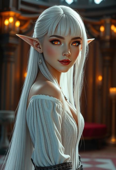 (Smooth Quality:0.8),masterpiece,best quality,amazing quality, absurdres, ultra-HD, 8k, fit body, raytracing, soft lighting, volumetric lighting, ambient occlusion, absolutely eye-catching, highest quality, usnr, (cinematic composition:1.3), depth of field, (adult), (mature female:1.2), very aesthetic, smooth image, (detailed face and eyes), mesmerizing gaze, sharp focus, warm lighting, semi realistic, girl emphasize body relief, shadow, masterpiece, best quality, 32k, high resolution, absurdres, 
1girl, elf girl, albino white hair, albino white eyebrows, (((colored eyelashes, albino white eyelashes:1.5))), blunt bangs, long hair, straight hair, glowing red eyes, slim, small breasts, red lips, sexy smile, silver earrings, (beautiful full lips), (wide hips), (sexy thighs), (thin thighs), high heel boots, full body focus, fantasy medieval castle interior, sexy smile, small oni horns, red oni horns, tiny red oni horns, strutting down the hallway of a high fantasy castle. <lora:MoriiMee_Gothic_Niji_Style_Illustrious_r1:0.6> <lora:USNR_STYLE_ILL_V1_lokr3:1> rave dress(very short dress)(tiny dress), sideslit, bimbo, dmngrlz, aidmafluxproultra
