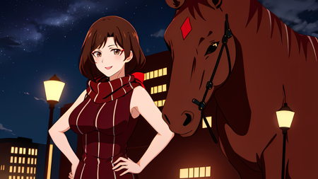 ((best quality)), ((illustration)), ((masterpiece)), unreal engine, 3D, artstation, high quality, highres, absurdres, 1girl, solo, single, brown hair, mole under eye, short hair, breasts, mole, red ribbon, night, large breasts, makeup, sky, hand on hip, lipstick, night sky, sleeveless, scarf, bare shoulders, star \(sky\), brown eyes, striped, smile, vertical stripes, starry sky, <lora:TangYue:1>