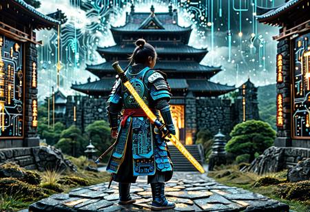 core_9_up, score_8_up, score_7_up, score_6_up, incredibly absurdres, BREAK physically-realistic, anatomically-correct, detailed, intricate, professional, logical, make sense, perfection, perfect, photography, 1boy, samurai, cookie sword, glowing circuit armor, rear view, standing in front of old stone japanese castle made of circuit boards, Fractangles arrows raining down, bosstyle, TzigoCBS