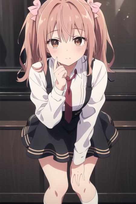 masterpiece, best quality,1girl, solo,akizuki noa,brown hair,two side up,brown eyes,pink hair ribbon,white_shirt,dress,necktie,black skirt, white legwear,<lora:akizuki:0.8>,standing, looking at viewer, white background, simple background, hands on own knees, 