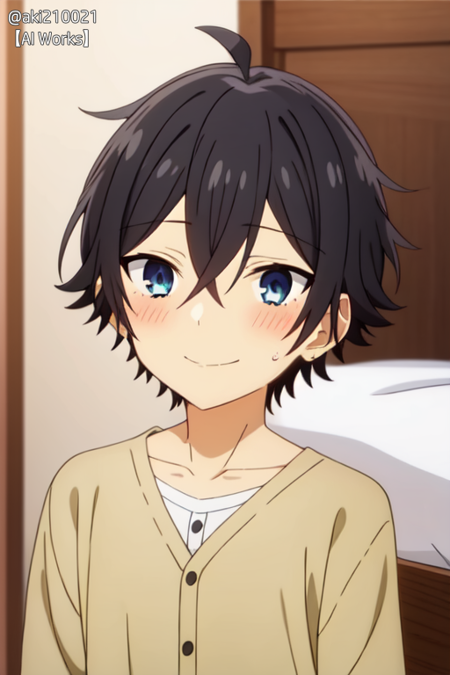 1boy, child body,miyamura, black hair, blue eyes, bangs, hair between eyes, short hair,(style:anime screecrap:1,2),upper body,smile,blush face,