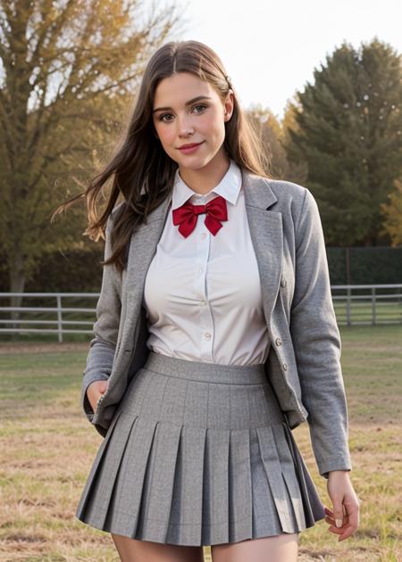 soogsx , breasts,  BREAK skirt, bow, school uniform, jacket, blazer, red bow, grey blazer, grey skirt, BREAK looking at viewer, cowboy shot, BREAK, outdoor, realistic