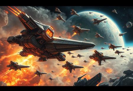 best quality,(Luis Royo style), masterpiece, extremely detailed, an extremely delicate and beautiful, dynamic, realistic anatomy, great lighting, perfect shading, professional shading, depth of field, Epic Sci-Fi battle in space with numerous ships fighting each other, pure genious, absolutely perfect, gentle, highly detailed, breathtaking