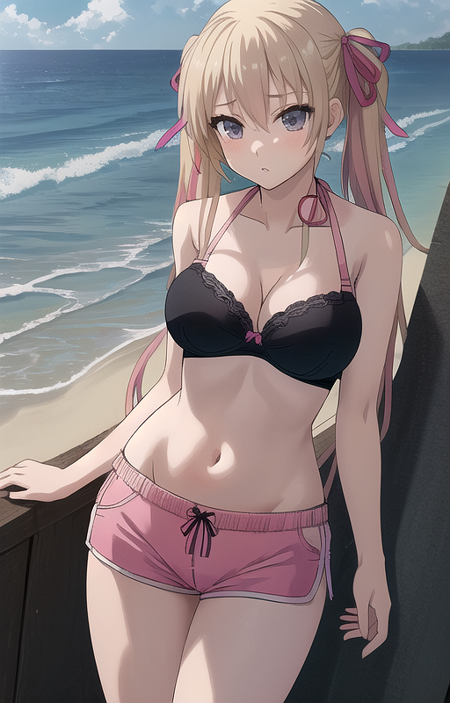 masterpiece, best quality, best aesthetic, hyper extremely detailed,
nigel_nx, [1girl:(large breasts, wide hips, very long hair:1.3):1.0], solo, (black bra, bikini top:1.3), (pink shorts, short shorts, boyshort panties:1.3), (twintails, hair ribbon:1.2), beach, cowboy shot, outdoors, (anime:1.2),  <lora:Rigel_ZX_Code_Reunion-08:0.7:MIDD>