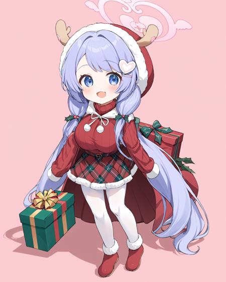 hanae \(blue archive\),1girl, white_pantyhose, official_alternate_costume, solo, heart_hair_ornament, red_sweater, plaid_skirt, hood, pink_background, box, twintails, open_mouth, halo, gift, hairclip, blush, holding, red_mittens, christmas, simple_background, breasts, :d, long_sleeves, red_skirt, leaning_forward, antlers, mittens, fake_antlers, stuffed_animal, fur_trim, turtleneck_sweater, skin_fang
<lora:hanae_(blue_archive)_image534_2023-11-26:1>halo. gorgeous,key visual, vibrant, studio anime,award-winning, professional, highly detailed,high budget, cinemascope