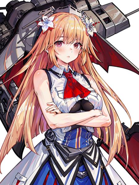 brookyln \(kancolle\), 1girl, breasts, breast pocket, solo, large breasts, pocket, military, uniform, flower, military uniform, crossed arms, cosplay, red ascot, sleeveless, hair flower, ascot, simple background, white background, upper body, shirt, blush, looking at viewer, skirt, dress, sleeveless jacket, white shirt, arms under breasts, breast hold, blue skirt, underboob, original, intricate detail, illustration, masterpiece, extremely detailed CG unity 8k wallpaper, highlight, sharpening, dynamic,