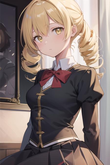 mamitomoe, <lora:mamitest:1>, mami tomoe, blonde hair, drill hair, twin drills, (yellow eyes:1.3),
BREAK black pantyhose, black skirt, bowtie, juliet sleeves, long sleeves, mary janes, mitakihara school uniform, pantyhose, pleated skirt, puffy sleeves, red bow, school uniform, shadow, shoes, skirt, white footwear,
BREAK classroom,
BREAK looking at viewer,
BREAK <lora:GoodHands-vanilla:1>, (masterpiece:1.2), best quality, high resolution, unity 8k wallpaper, (illustration:0.8), (beautiful detailed eyes:1.6), extremely detailed face, perfect lighting, extremely detailed CG, (perfect hands, perfect anatomy),