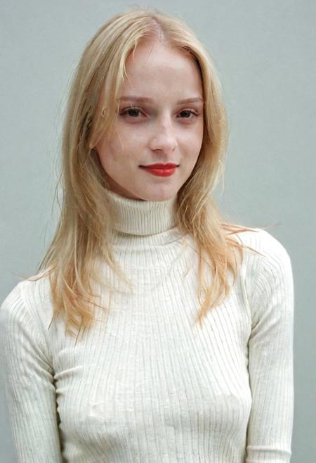 ASCII oil fullbody portrait of a girl with extremely small breasts, (nipple outline, hard nipples:1.4), long blonde hair, extremely beautiful woman, narrow face, model,  red and white clothing, wearing tight sweater, pale skin, white girl, detailed skin, looking at viewer, small smile, cinematic, great shading, moody slighting, (by Hope Gangloff:1.2), detailxl