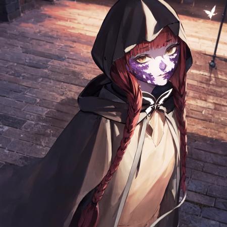 (masterpiece:1.2), best quality, <lora:Morgana:0.8>, main dress, burned face, hood up, (medieval street), butterfly cloak clasp, medieval town, close, (((night:1.2))), people best quality, ultra detailed, absurdres,8K, (best illustration), (best shadow),