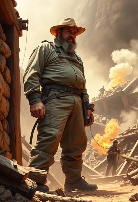 Visualize a rugged Old West scene depicting a towering miner named Big John, standing six foot six and weighing 245 pounds, his imposing figure contrasted against a dusty, sunlit mining site. His broad shoulders and narrow hips, clad in worn mining gear, make him a notable figure among the workers. The image captures his strength and silent authority.
One fateful day, as a timber cracked and chaos erupted at the mine's depths, Big John’s heroic act unfolds. The scene shows him bracing against the rubble, his powerful frame pushing against the debris. Amidst the smoke and cries of his fellow miners, Big John is the lone beacon of hope. A miner’s shout reveals a glimmer of light, signifying John's successful effort to save 20 trapped men from what seemed to be their final moments.
The scene shifts to a somber moment as the miners, with jacks and timbers, descend again. The rumble and explosion of gas and smoke signify the mine’s final, destructive collapse. The grim reality sets in: Big John’s sacrifice is final. 
In memory of his heroism, a marble stand marks the site. Inscribed with "At the bottom of this mine lies a big, big man, Big John," it stands as a tribute to the man whose bravery and sacrifice became the stuff of legend in this Old West tale.
