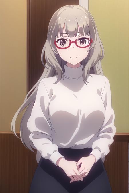 shizukuhazuki, <lora:shizuku hazuki s2-lora-nochekaiser:1>, 
shizuku hazuki, long hair, bangs, (brown eyes:1.5), grey hair, glasses, semi-rimless eyewear, red-framed eyewear, under-rim eyewear, smile,
BREAK skirt, shirt, long sleeves, white shirt, black skirt, fringe trim,
BREAK indoors, office,
BREAK looking at viewer, (cowboy shot:1.5),
BREAK <lyco:GoodHands-beta2:1>, (masterpiece:1.2), best quality, high resolution, unity 8k wallpaper, (illustration:0.8), (beautiful detailed eyes:1.6), extremely detailed face, perfect lighting, extremely detailed CG, (perfect hands, perfect anatomy),