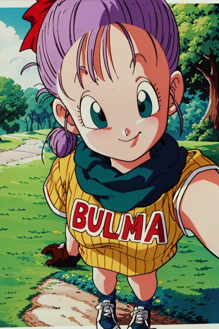 <lora:bulmaptp:0.7>, bulma, 1girl, solo, looking at viewer, masterpiece, blue eyes,  purple hair, hair bow, outdoors, sky, day, light smile, character name, vertical-striped dress, tree, eyelashes, grass, nature, clothes writing, close-up, scarf, braided ponytail, socks, sneakers, selfie, ((retro artstyle, 1990s \(style\), ))