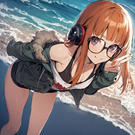 1girl, Sakura Futaba, standing by ocean with a v gesture, glasses, headphone, masterpiece  <lora:futaba_xl_a3-000012:1>