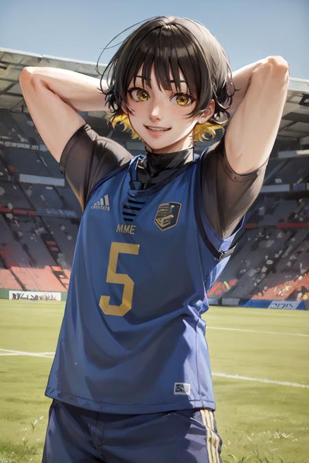 (masterpiece, best quality:1.2), <lora:bl_bachira-10:0.8>, upper body, solo, male focus, 1boy, bachira meguru, smile, arms behind head, sportswear, soccer field, soccer ball