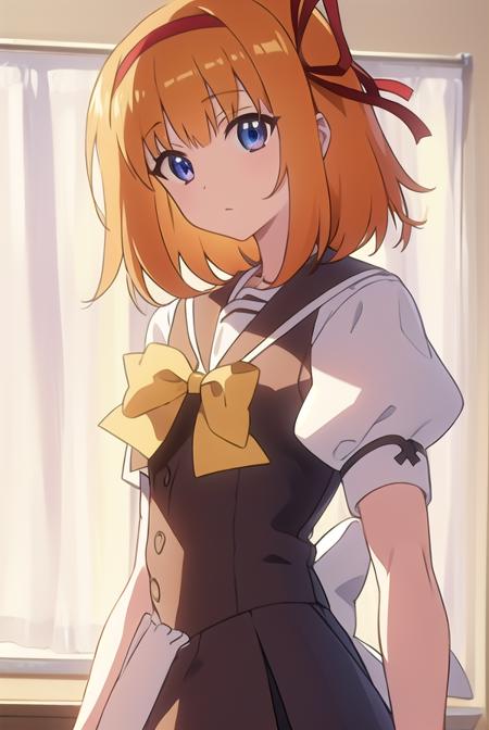 kaedefuyou, <lyco:kaedefuyou-LYCORIStest:1>,
kaede fuyou, short hair, orange hair, hair ribbon, hairband, blue eyes,
BREAK skirt, bow, ribbon, school uniform, short sleeves, pleated skirt, serafuku, socks, puffy sleeves, bowtie, puffy short sleeves, black socks, yellow bow, yellow bowtie,
BREAK looking at viewer,
BREAK indoors, classroom, 
BREAK <lora:GoodHands-vanilla:1>, (masterpiece:1.2), best quality, high resolution, unity 8k wallpaper, (illustration:0.8), (beautiful detailed eyes:1.6), extremely detailed face, perfect lighting, extremely detailed CG, (perfect hands, perfect anatomy),