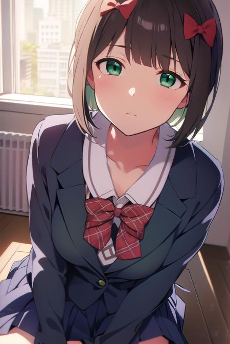 harukaamami, <lyco:harukaamami-LYCORIStest:1>,
haruka amami, brown hair, (green eyes:1.5), short hair, (hair bow:1.5), hair ribbon, bangs, blunt bangs, (small breast:1.2),
BREAK bag, bow, school uniform, serafuku, skirt, sweater, long sleeves, red bow, blue skirt, grey sweater,
BREAK looking at viewer,
BREAK indoors, classroom,
BREAK <lora:GoodHands-vanilla:1>, (masterpiece:1.2), best quality, high resolution, unity 8k wallpaper, (illustration:0.8), (beautiful detailed eyes:1.6), extremely detailed face, perfect lighting, extremely detailed CG, (perfect hands, perfect anatomy),