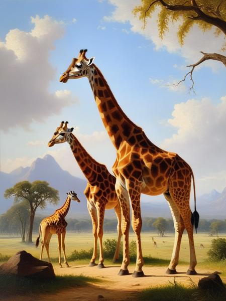 <lora:06NatureArt_Hap_XL:1>, Albert Bierstadt style, oil painting, giraffes series. ð¦ðµð¦