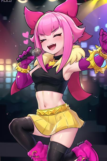 1girl solo Melodie Brawl Stars pink hair bow black choker fur stole black crop top magenta gloves bracelet yellow skirt knee-high stockings pink boots