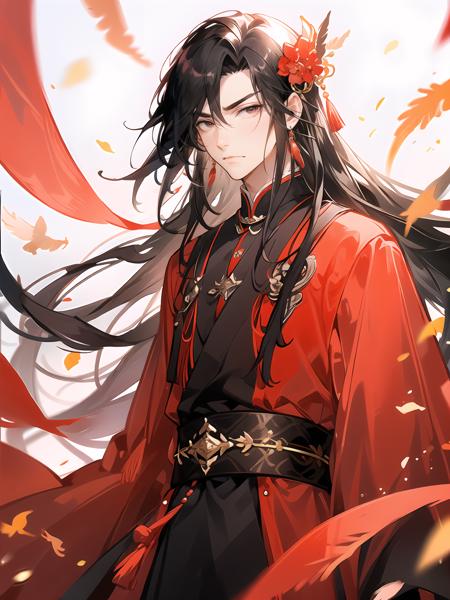 1boy,male focus,long hair,hair ornament,black hair,solo,jewelry,petals,chinese clothes,earrings,flower,long sleeves,falling petals,looking at viewer,upper body,feathers,red dress,dress,bishounen,sash,<lora:guofengnan:0.6>,black eyes,disgust,frown,furrowed_brow,