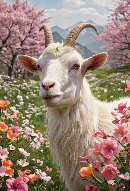 cute cartoon character, goat enjoying springtime flowers, (((masterpiece))),(best quality)