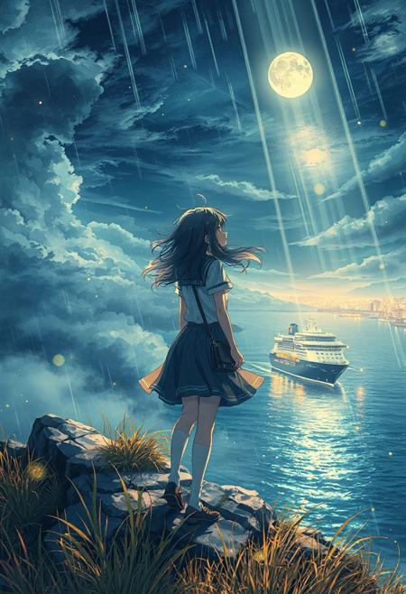 Vertical 9:16 cinematic anime scene, ultra-detailed 4K, in the style of “Weathering with You” key art: a lone girl in a rain-drenched school uniform standing on a windswept coastal cliff overlooking a moonlit sea and a softly glowing cruise ship anchored in the bay; her hair and skirt fluttering in a gentle ocean breeze; layers of textured clouds receding into depth above the horizon; distant neon city lights twinkling through mist along the shoreline; volumetric moonbeams piercing rain clouds, creating shifting light shafts; drifting golden feenstaub particles sparkling in the air around her, catching every beam of light; parallax-ready composition with rugged cliff grasses in crisp foreground, midground girl in sharp focus, background cruise ship and city softly blurred; hyper-detailed watercolor cel shading, wet rock gloss on surfaces, subtle bloom and film grain; strong sense of depth, motion, and enchanted atmosphere