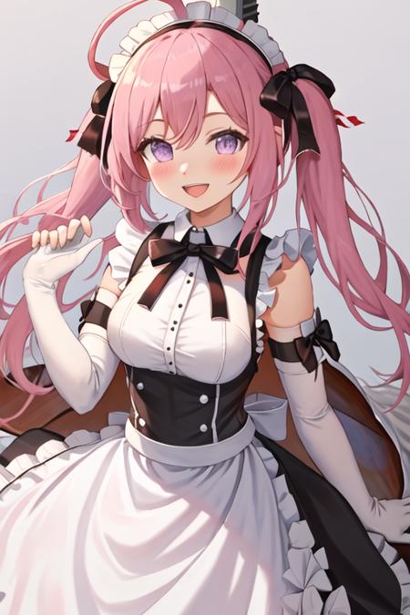 best quality, masterpiece, highres, solo, {maid:1.40}, {long maid dress:1.15}, {saratoga_azurlane:1.15}, pink_hair, purple_eyes, ahoge, blush, smile, twintails, ribbon, bangs, bow, long_hair, hairband, open_mouth, hair_ribbon, breasts, hair_between_eyes, hair_bow