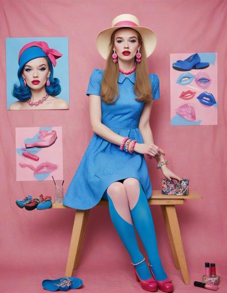 Felicity Charlton, fashion photography, a pop art painting, kitsch movement, 1girl, bracelet, dress, earrings, hat, jewelry, lipstick, long hair, makeup, pink footwear, blue legwear, shoes, solo <lora:Quirky_37-Year-Old_Eastern-European_Woman_XL:1>