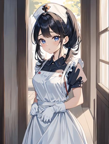 ((masterpiece, best quality, high quality)),1girl, (lower body, hospital), <lora:Long Nurse Apron 1:0.6> (nurse_uniform_long_3, gloves, apron, nurse cap, nurse,long dress), <lora:Kaede Sakata:0.7> (1girl, 3dcg 07, black hair, blue eyes, curtained hair, kaede sakata, low twintails, medium breasts, parted bangs, ponytail, short hair, solo, twintails),