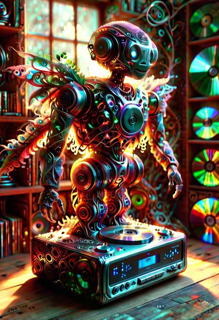 auralora, Fractangles, ral-frctlgmtry, fractal-flame, fractalex, fractalvines, PG-TR. A nostalgic scene: A (vintage CD player robot:1.5) sits atop a dusty wooden shelf, glowing from inside, motionblur, surrounded by stacks of worn-out jewel cases, each containing a prized collection of CDs. The warm glow of a retro lamp made from fractal vines casts a soft light on the cluttered space, as if illuminating the memories of a bygone era. In the foreground covered in fractal vines, a few select CDs are arranged in a deliberate pattern made of cd's made out of fractangles, like a fractal, symbolizing the beauty and complexity of the music that once filled these discs. Sharp details, looking at the viewer, good mood, cheerfulness, natural light, smooth details, one ray of light