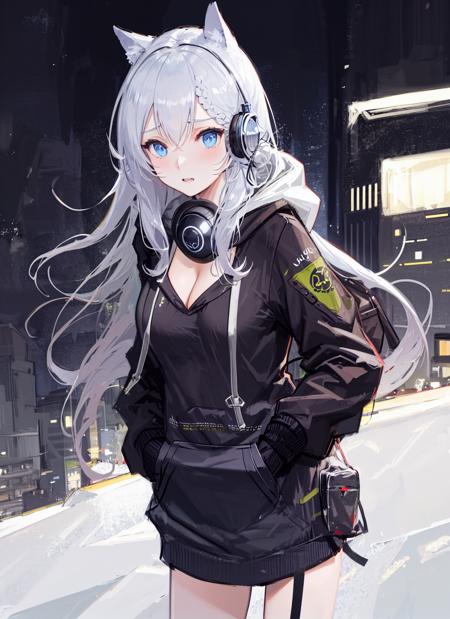 original outfit, 1girl,embarrassedcleavage,outdoors,(hoodie:1.3),headphones around neck, cityscape, cowboy shot, hand in pocket,  <lora:KSVK2:1>