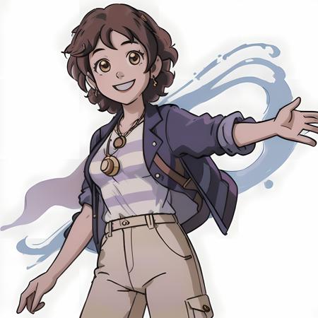 smiling, ((high resolution illustration)), ((extremely detailed)), (masterpiece), girl, big breasts, <lora:LuzandAmitySeason3:1>, simple background, (white background), (luz with short brown curly hair) , dark blue stripes jacket, stripes t-shirt, crescents amulet, trousers, (Luz:1.2)