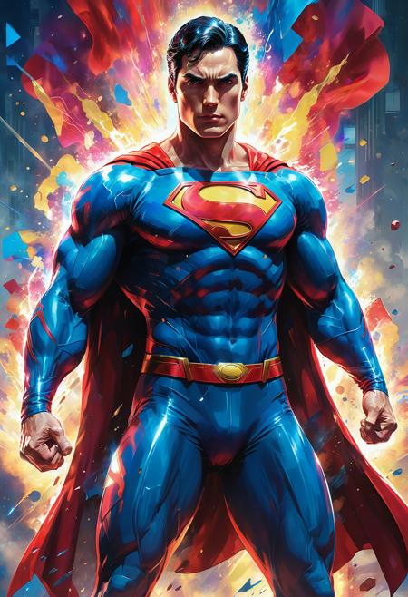 Superman, in his iconic stance, surrounded by a calm yet powerful aura, in classic anime style, digital art style with vibrant colors, high definition details, powerful stance