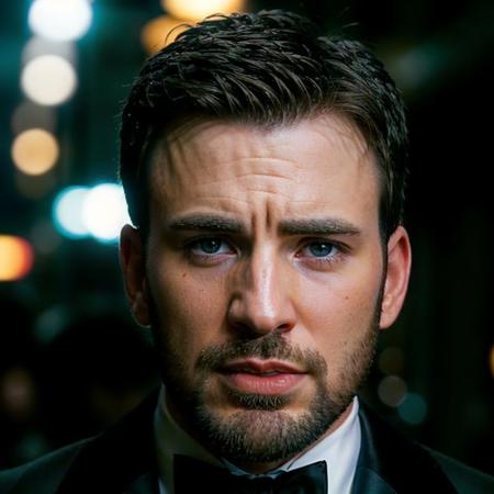 face portrait of chrisevans person using a tuxedo, in blade runner, professional photography, high resolution, 4k, detailed photo,  <lora:chrisevans_65250:1>