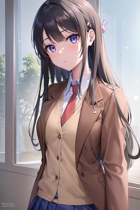 maisakurajima, <lora:maisakurajima-lora-nochekaiser:1>, 
sakurajima mai, long hair, bangs, (black hair:1.5), hair ornament, (purple eyes:1.1), hairclip, rabbit hair ornament,
BREAK skirt, shirt, school uniform, white shirt, short sleeves, pantyhose, pleated skirt, collared shirt, blue skirt, black pantyhose, red necktie, jacket, (brown jacket:1.5),
BREAK indoors, classroom,
BREAK looking at viewer, (cowboy shot:1.5),
BREAK <lyco:GoodHands-beta2:1>, (masterpiece:1.2), best quality, high resolution, unity 8k wallpaper, (illustration:0.8), (beautiful detailed eyes:1.6), extremely detailed face, perfect lighting, extremely detailed CG, (perfect hands, perfect anatomy),