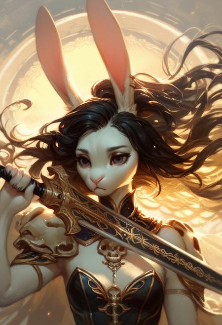 score_9, score_8_up, score_7_up, score_6_up, score_5_up, (flat colored: 1.2), fluffy body, (2d style:0.8), anthro rabbit female, highly detailed, dark hair, long hair, solo, big sun,focus on face,, Renaissance,  dress with details,details, skull in hand, rabbit ears , sketch,, holding sword, holding_sword