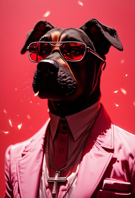 (score_9, score_8_up), score_7_up, (((dog))), simple background, wearing sunglasses, jewelry, upper body, necklace, cross, red background, suit, pink theme, gangster style, 
, 
depth of field, blurry background, black background, dark, CINE, embers, 
 <lora:unholy-000009:0.75>   <lora:CINE-000008:0.5>