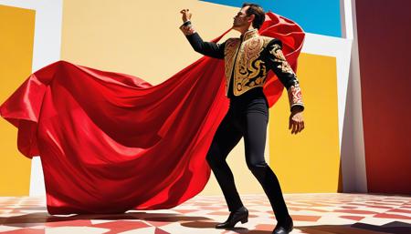 dramatic matador in ornate gold-embroidered jacket, tight black pants, looking down to his left with intense concentration, holding a red cloth swirling dramatically, graceful dancer-like pose, one arm extended holding cloth, body twisted in elegant motion, traditional Spanish bullfighter outfit,, vibrant acrylic painting style, bold flat colors, clean geometric compositions, bright California sunlight, crisp shadows,  saturated color palette, smooth gradients, minimal detail work, contemporary pop art influence, architectural precision, optimistic 1960s atmosphere,