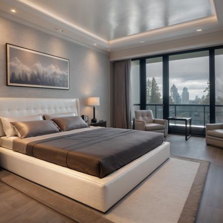 in the night, nice lighting,
luxurious bedroom interior design, luxury interior, white leather bed,tufted carpet,bronze wall lights, large glass window with gray drapes, natural light, softlight, (flat white ceiling),  <lora:luxurious bedroom interior V4:0.6>
masterpiece, realistic, high quality,