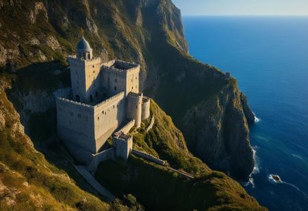 Photorealistic, outdoors, a below view of a grand castle upon a steep hill with cliffs leading to a deep ocean with tall towers guarding its sides, best quality, sharp focus, high contrast, stylized, clear, colorful, ultra quality, 8k, best quality, masterpiece