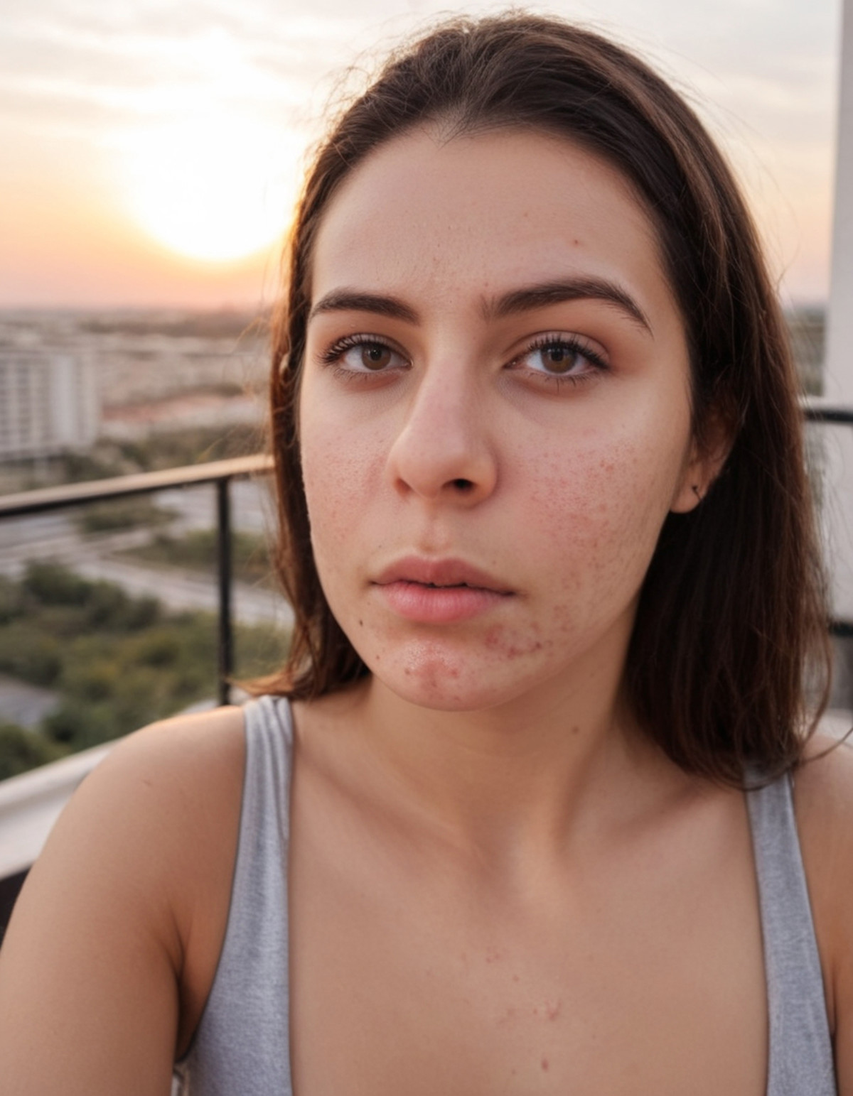 selfie photo of a woman with acne on a hotel balcony during sunset, <lora:275FAB00CB:0.6> Detailed natural skin and blemis...