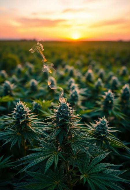 vibrant cannabis field, (lush green leaves:1.4), (sunset glow:1.2) casting warm light over the plants, (detailed textures:1.5), smoke swirling softly in the air, (cannabis buds:1.3) glistening with trichomes, peaceful and serene atmosphere, (natural light:1.4), wide field stretching into the distance, (colorful sky:1.2) with shades of pink and orange, (high-definition:1.6), (ultra-realistic textures:1.5), close-up details of cannabis plants, (soft focus in the background:1.2), modern, laid-back aesthetic, perfect for a cannabis culture feature, chill and relaxed vibe, (overexposed:-1.4), (unnatural colors:-1.5), (blurry:-1.6), (low-resolution:-1.7), (harsh lighting:-1.5), (distorted textures:-1.6)