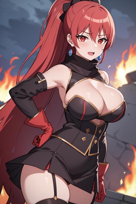 1girl, bangs, bare_shoulders, blue_sky, blush, breasts, cleavage, cloud, cloudy_sky, day, earrings, eyebrows_visible_through_hair, garter_straps, gloves, hand_on_hip, jewelry, large_breasts, long_hair, looking_at_viewer, open_mouth, outdoors, ponytail, red_eyes, red_gloves, red_hair, skirt, sky, solo, thighhighs
maya Ikusaba <lora:Maya IkusabaV3:0.7> ((best quality)), ((masterpiece)), (detailed), smile, (evil:1.2)
(interview:1.3), (dark background, fire:1.3)