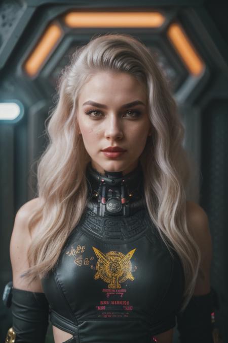 amber_mid123, Portrait of a beautiful girl with wavy white hair, age 25, wearing a formal black dress with metal parts, red eyes, monograms in the background, digital painting, dark colors, 8k, complex details, vintage, retro futuristic style, sharp focus on the center, pastel colors, art station, (sci-fi, future, future theme), (facial expression looking with disdain), (detailed illustration),  <lora:ReaLora:0.5>,  <lora:hairdetailer:0.7>,  <lora:Cyberpunk_style:0.5> Cyberpunk Style,  <lora:ARWCyberpunkInterior:0.5> cyberpunkinterior, science fiction <lora:detail_slider_v4:2>, face closeup, portrait, 35mm,  <lora:epiC35mm:0.7> epiC35mm