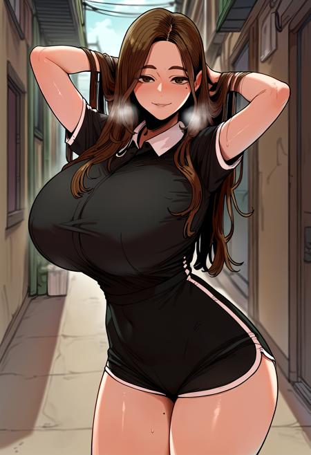 long hair, brown hair, brown eyes, mole under eye blonde hair black shirt, short sleeves, polo shirt, sportswear, black shorts, short shorts black jacket, white shirt, collared shirt, black necktie, pencil skirt, black skirt