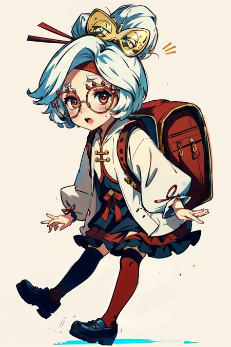 <lora:purah:1>purah, hair stick, white hair, short hair, blush, long sleeves, sweat, solo, open mouth, frilled skirt, looking at viewer, red eyes, headband, thighhighs, frilled dress, mary janes, 1girl, black footwear, glasses, simple background, backpack, round eyewear, hair ornament, female child, full body, white background, zettai ryouiki, bag, frills, brown eyes, red-framed eyewear, shoes