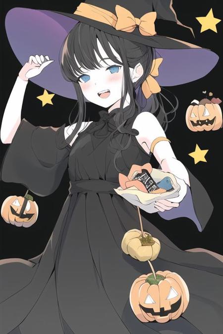 1girl, black hair, blue eyes, cat, long hair, ponytail ,
black dress, black footwear, black headwear, bow, dress, flats, halloween costume, hat, hat bow, long sleeves, medium dress, pleated dress, witch hat ,
:d, blush, breath, holding, looking at viewer, open mouth, smile, teeth, upper teeth only ,
artist name, black background, chips (food), food, potato chips, simple background, solo, twitter username ,
<lora:nocopyrightgirl-v1.0:0.9>